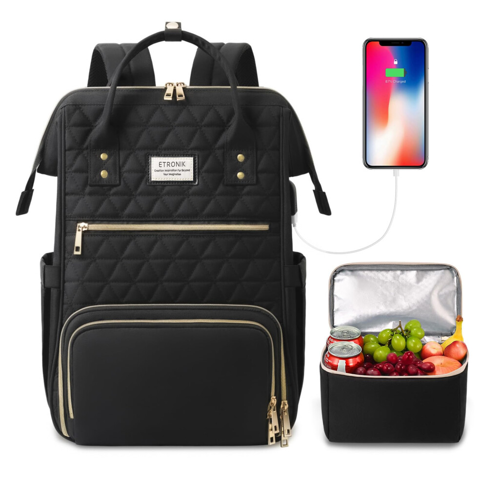 Etronik Laptop Lunch Backpack For Women, 15.6 Inch Laptop Backpack With Usb Port, Teacher Nurse Work Bag With Cooler Bag Insulated, Rucksack For Women