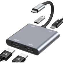 USB C to Dual HDMI Adapter, 4 in 1 HDMI Splitter for Dual Monitors 4K, USB 3.0, PD 100W, Dual HDMI Adapter for 2 Monitors HDMI Dual Monitor Adapter