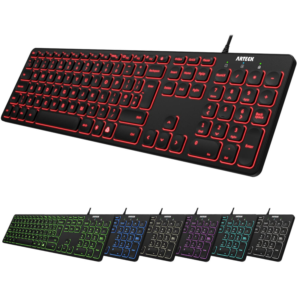 Arteck Usb Wired Keyboard Universal Backlit 7-Colors & Adjustable Brightness Full Size Keyboard With 1.8M Wire, Numeric Keypad And Media Hotkey For