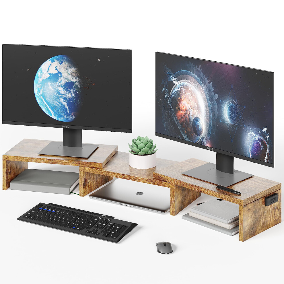Bontec Dual Monitor Stand Riser, Desktop Monitor Stand With Smartphone Holder, Adjustable Length & Swivel Angle Wooden Desktop Organizer Stand Pc 8000002468886