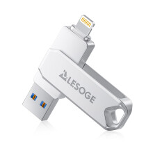 LESOGE Apple MFi Certified USB Memory Stick 128GB USB Flash Drive for iPhone, 3 in 1 High-Speed Pendrive, One Click Backup USB Drive for