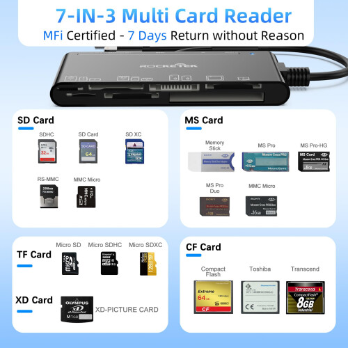 7 IN 3 USB 3.0 Multi Card Reader Adapter, Memory Card Reader for SD,CF,XD,Micro SD,TF,MS Cards, 5Gbps High-Speed USB C SD Card Reader for iPhone 1