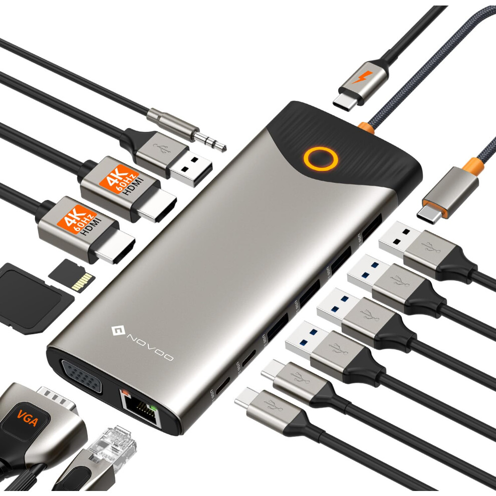 Novoo Docking Station, 15 In 1 Usb C Hub With Dual 4K@60Hz Hdmi Adapter, Usb C/A Ports, 100W Pd, Rj45, Sd/Tf And Audio, Multiport Adapter For 8000002467636