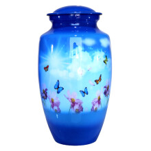 eSplanade Metal Cremation Urn Memorial Jar Pot Container | Full Size Urn for Funeral Ashes Burial | Colorful Butterflies Print | Blue - 10" Inches