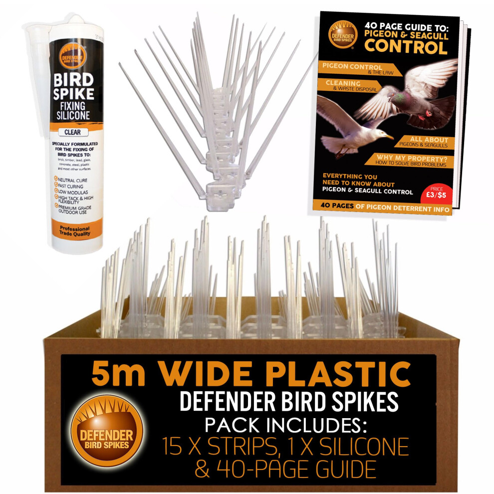 Defender Bird Spikes | Wide Plastic Pigeon Deterrent | 5 Metres With Defender Fixing Silicone. 8000002499934