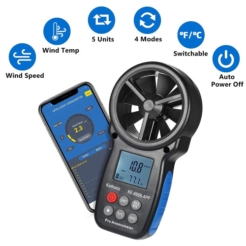 Kethvoz Digital Bluetooth Anemometer Handheld, Wireless Anemometer Wind Speed Meter Measuring Wind Speed/Temperature with Backlit and Max/Min/AVG for 1