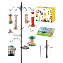 iBorn Bird Feeders Hanging Station Wild Bird Feeding Station Stand Heavy Duty 1 Inch Pole W/Removable Mesh Tray Water Tray, 6-Hooks, 5-Prong Pole