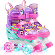 WESKIFAN Unicorn Roller Skates Kids Toddler for Girls 4 Sizes Adjustable with Shiny Light up Wheels Quad Rainbow Skates for Beginner Xmas Birthday