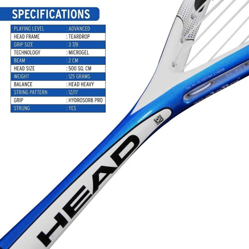 HEAD HEAD Microgel 125 Squash Racquet - Blue/White, Size 100 1