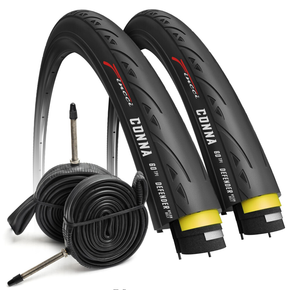 Fincci Racing Bike Tyres 700 X 23C - Set Of Slick Foldable Tires 28 Inch With 1Mm Nylon Protection And 2X Inner Tube 23-622 Presta Valve - 60 Tpi For 8000002535175