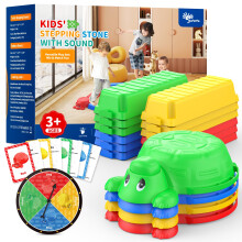 16 Pcs Balance Beam and Stepping Stones for Kids - 4 Turtle Shape Stepping Stones and 12 Connectable Beams with Sound Feature,Color Spinner, Riddle