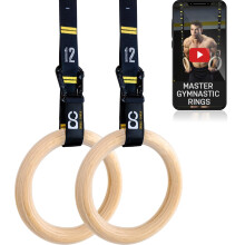 Double Circle Wood Gymnastic Rings with Quick Adjust Numbered Straps and Exercise Videos Guide for Full Body Workout, Calisthenics, and Home Gym
