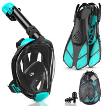 Lealinga Snorkel Set Adults Full Face Snorkel Mask with Flippers, Snorkeling Mask & Swim Fins, Panoramic View Snorkel Mask Fins Anti-Fog Anti-Leak