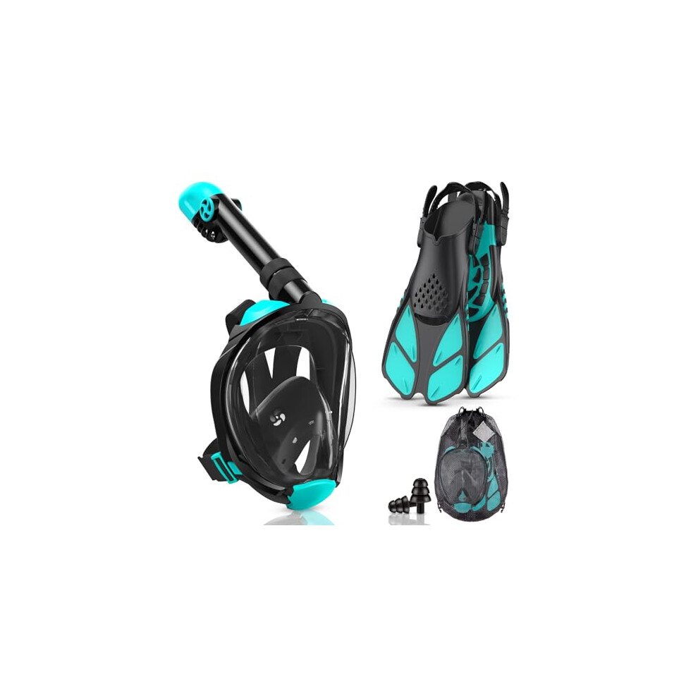 Lealinga Snorkel Set Adults Full Face Snorkel Mask With Flippers, Snorkeling Mask & Swim Fins, Panoramic View Snorkel Mask Fins Anti-Fog Anti-Leak