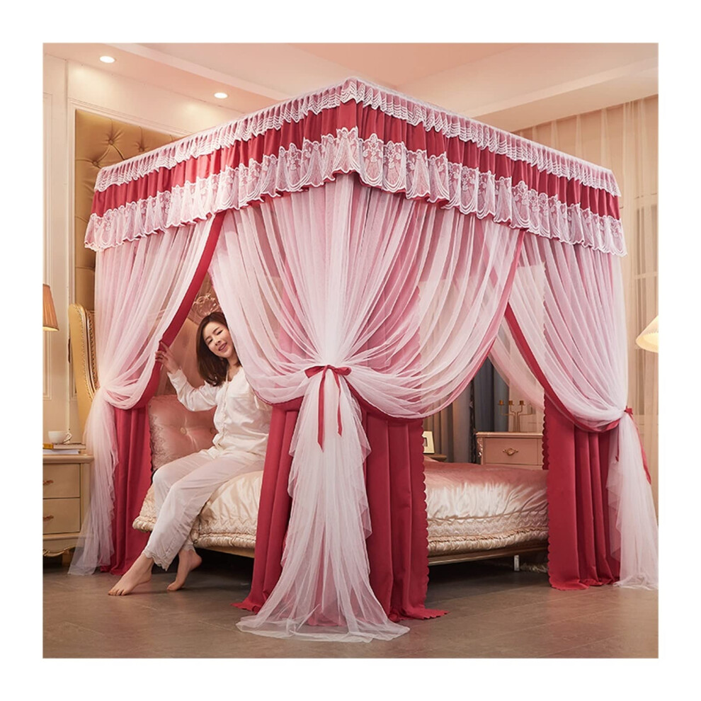 Bed Canopy Mosquito Net, Blackout & Dustproof 4-Corner Canopy, 200X220x200 Cm Curtain Red