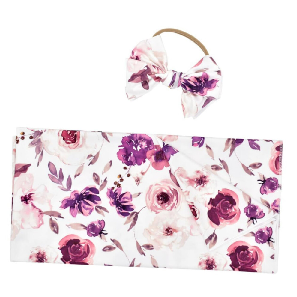 Receiving Wrap For Newborn Photography Crib Use With Headband, Breathable Polyester Spandex, Deep Floral Pattern Purple