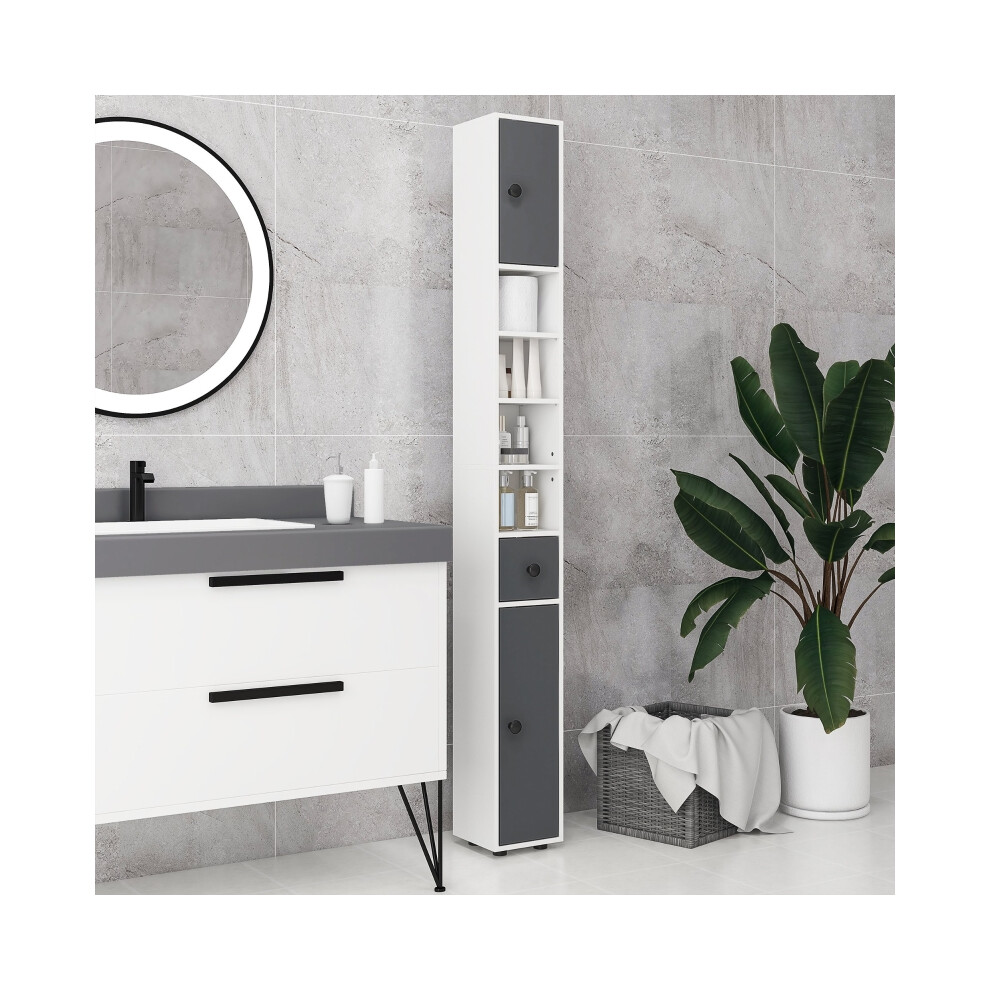 Bathroom Cabinet 180cm Grey Slim Storage with Drawers Shelves and Cupboards for Space Saving-image-OPC-PMXY69H-NEW