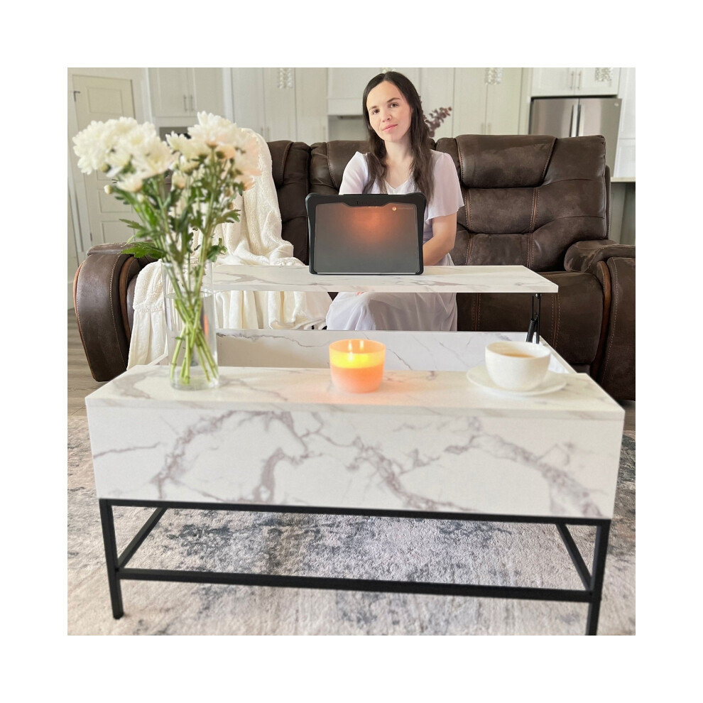 Modern Lifting Coffee Table with Storage Compartment Faux Marble White Finish Space-Saving Design for Living Room-image-OPC-PMXYJF2-NEW