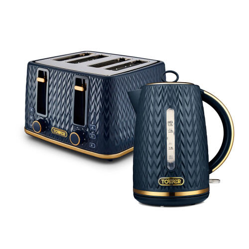 Tower Empire Kitchen Set, 1.7L Rapid Boil Kettle and 4 Slice Toaster, Midnight Blue with Brass Accents EEJB325
