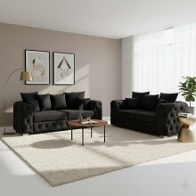 Ashton 3+2 Seater Black Plush Velvet Scatter Back Sofa Modern Comfortable Living Room Seating