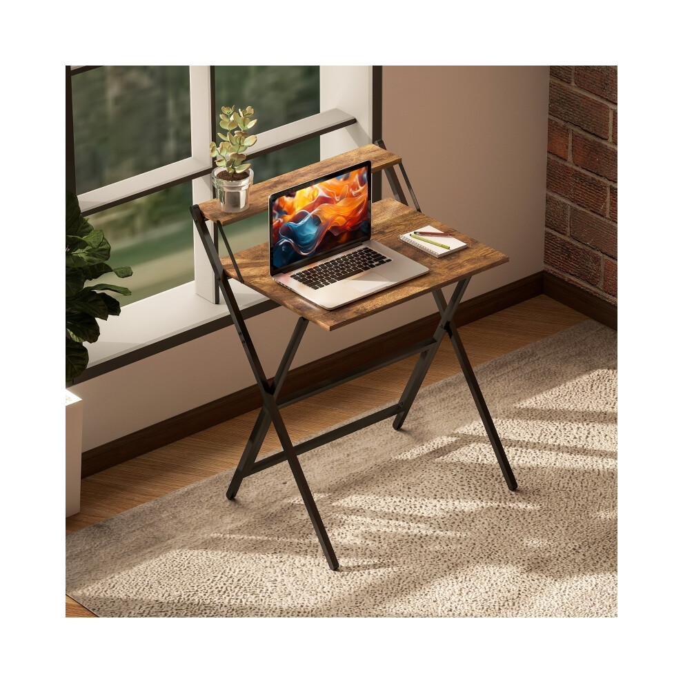 Wooden Folding Computer Desk 70cm with Monitor Shelf in Rustic Brown - Lightweight Space-Efficient Home Office Solution-image-OPC-PMXYXK5-NEW