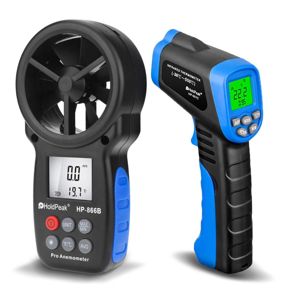 H Holdpeak Handheld Anemometer, Digital Wind Speed Meter For Air Velocity, Digital Laser Infrared Thermometer -50 To 550? With Adjustable Emissivity, 8000002474603