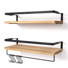 AGM Floating Shelves Wall Mounted Shelf, Wooden Wall Shelves Racking Set of 2 for Bedroom, Bathroom, Living Room, Kitchen Storage w/ 1 Towel Bar and 8