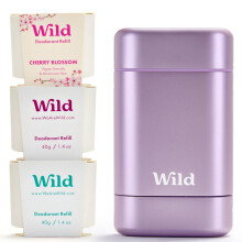 Wild - Purple Case with Refill Variety Pack (3 x 40g) - Natural Refillable Deodorant - Aluminium Free - Includes Fresh Cotton & Sea Salt, Cherry