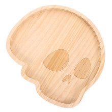 Houten serveerschaal in de vorm van een schedel voor Halloween, ideaal voor snacks en als tafeldecoratie.