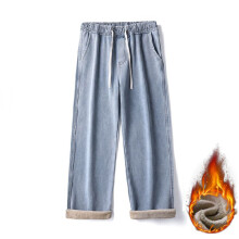 (light blue, XXXL (85-92kg)) Men's Clothing  Men's Winter Fleece Loose Jeans Velvet Warm Elastic Waist Wide Leg Y2K Denim Pants Straight Comfortable