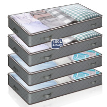 MIXC 4 Packs Underbed Storages, 100L Large Under Bed Storage Box with Lid, Storage Boxes with Lids, Storage Bags with Zip for Clothes, Comforters,