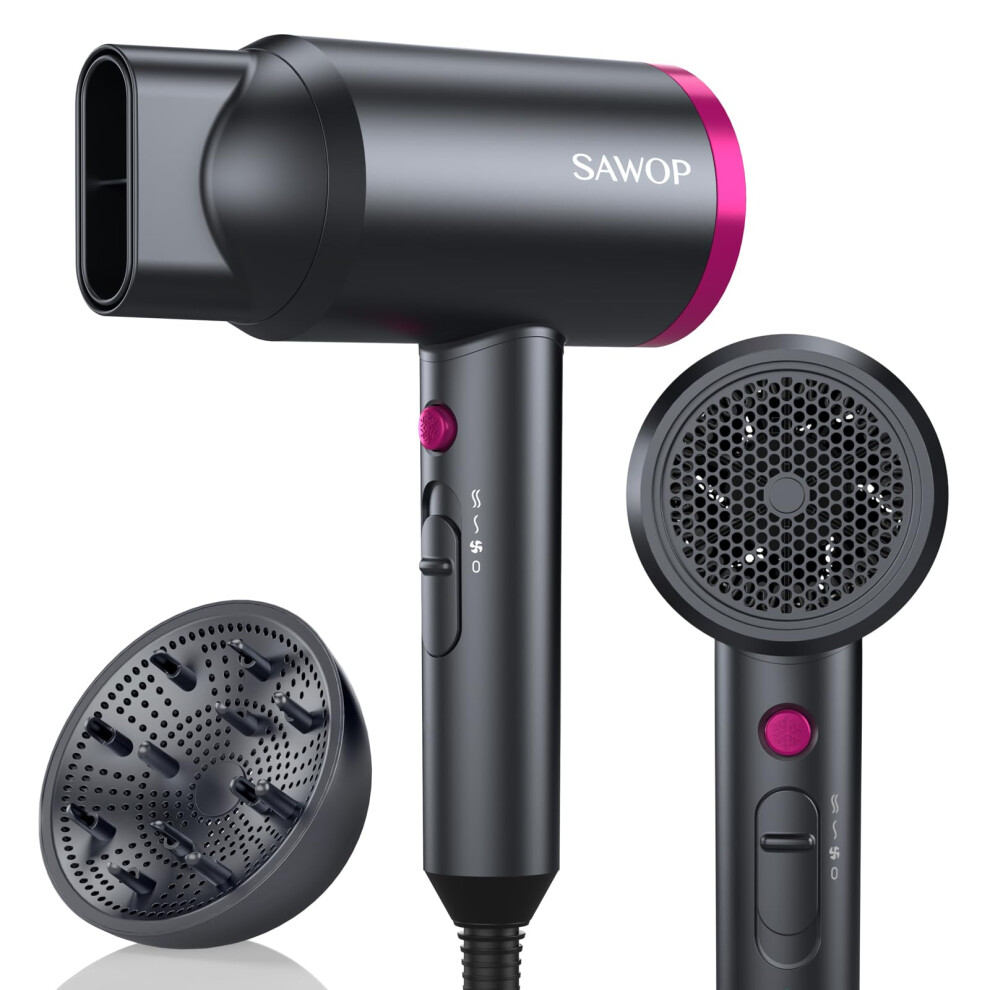 Sawop Hair Dryer With Diffuser, Lightweight Blow Dryer For Curly Hair For Women/Men, 1800 Watt Ionic Hairdryer, Blow Dryer With Nozzle For Fast Drying