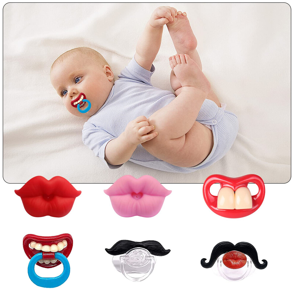 6Pack Baby Funny Pacifier Cute Kissable Lips And Gentleman Mustache Teeth Pacifier, Soft Silicone Pacifier For Babies And Toddlers Shower, No Upriver