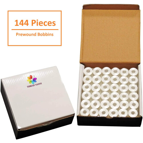 ThreadNanny 144pcs White Prewound Bobbin Thread Plastic Size L (SA155) for Brother Embroidery and Sewing Machine Polyester Thread 1