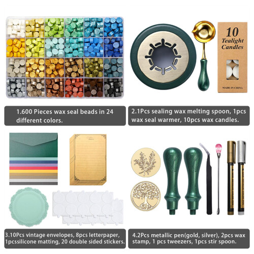 Kit de Selo de Cera, 24 Cores e 600 Pérolas com Caixa de Presente, Derretedor de Cera, Carimbo e Caneta 1