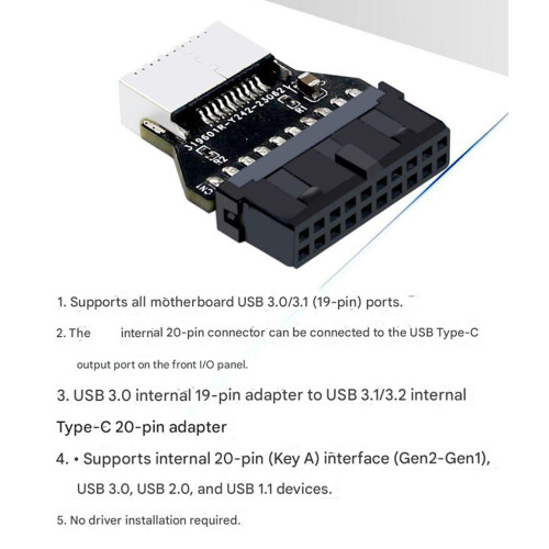 90 Degree USB3.0 To USB3.1 Type C 20 PIN Internal Adapter For 1