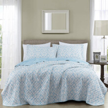 Chezmoi Collection Ivy bloemen medaillon dekbedset kingsize 3-delige blauw/witte bloemenprint, voorgewassen omkeerbare microvezel spreienset
