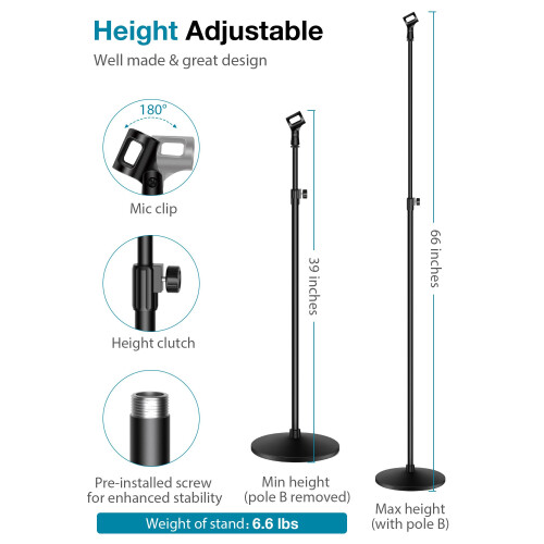 InnoGear Supporto per microfono Altezza massima 66,34"" Supporto per microfono da pavimento Braccio staccabile per microfono con base rotonda pond 2