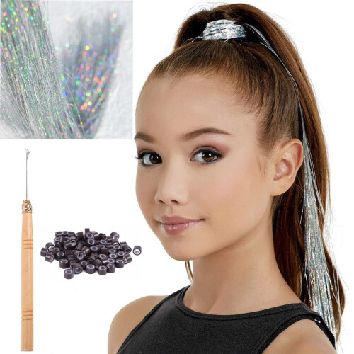Kit de Tinsel Capilar Holográfico de 47" - Prata Brilhante e Resistente ao Calor 1