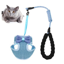 Adjustable Bowknot Vest Pet Harness for Cats Breathable Lightweight Chest Strap for Cats in Blue