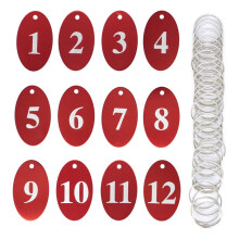 StayMax aluminium ovale nummertag sleutelhanger met sleutelhangers (1-50 rood)