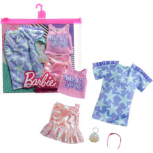 Set di Abbigliamento Barbie in 2 Pezzi, 2 Outfit con Vestito a Stelle, Gonna Iridescente Rosa, Top Grafico & 2 Accessori