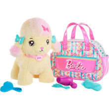 Barbie Plüschtiere, Friseur-Pudel mit Themen-Handtasche und 6 Zubehörteilen, Plüsch mit Licht und Sound, Salon Pet Abenteuer