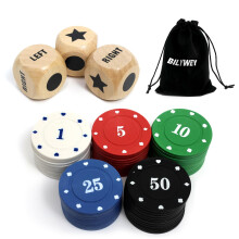 Bilywey venstre h?jre center terningspils?t med 3 stk 1 tomme tr?terninger + 50 stk farverige pokerchips (tr?s?t)