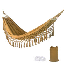 Canvas Hammock with Tassels Outdoor Garden Swing Bed Handmade Boho Hammock for Camping Travel Beach Max Load 265lbs (Camel)