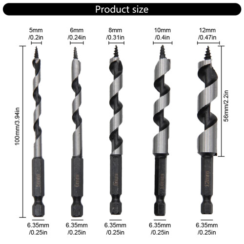 5Pcs Hexagonal Handle Auger Drill Bit Set 100mm Length Wood 2