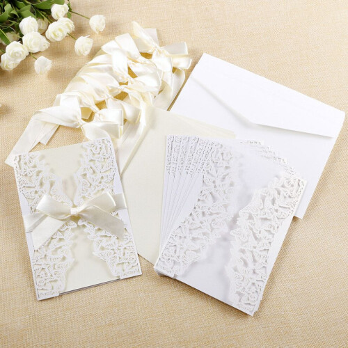 5 invitations d'anniversaire avec découpes et nœuds (blanches) 2