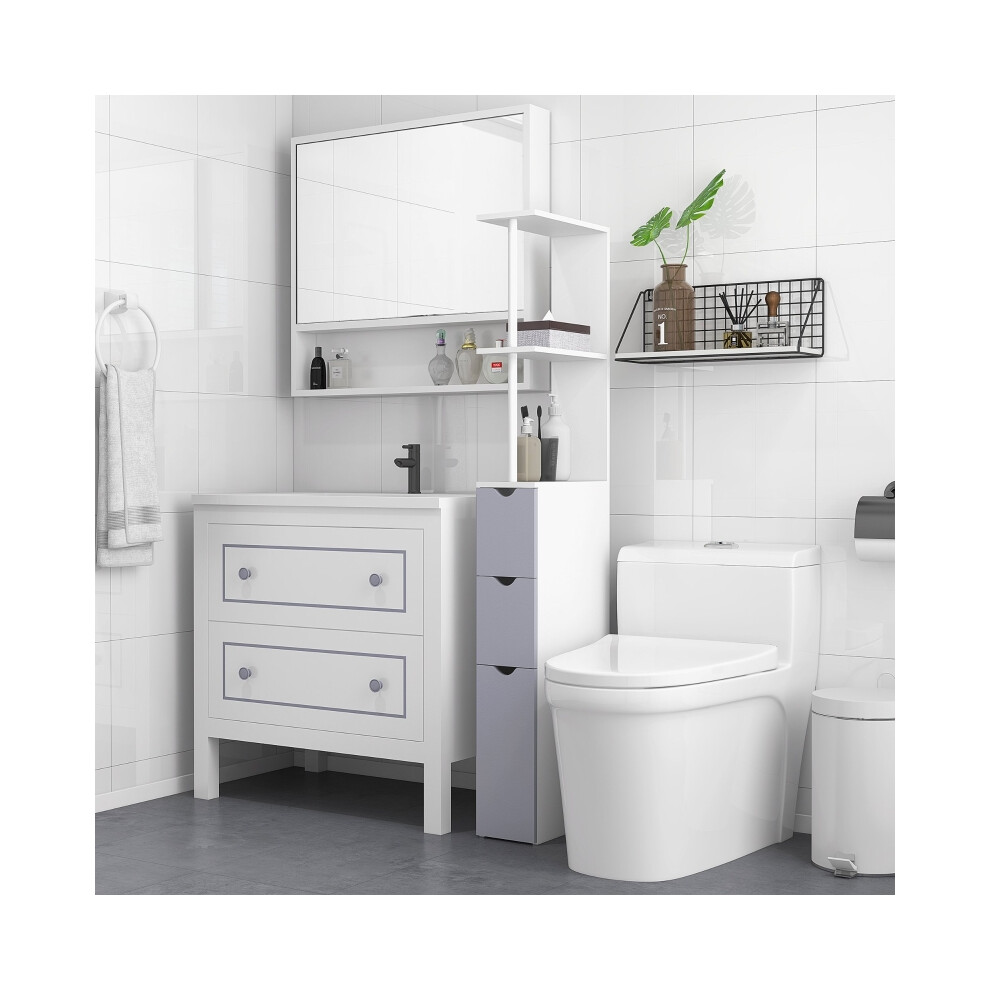 Tall Bathroom Storage Cabinet White & Grey - Narrow Freestanding Cupboard with 2-Tier Shelves & Drawers Compact & Durable-image-OPC-PMYBJZV-NEW