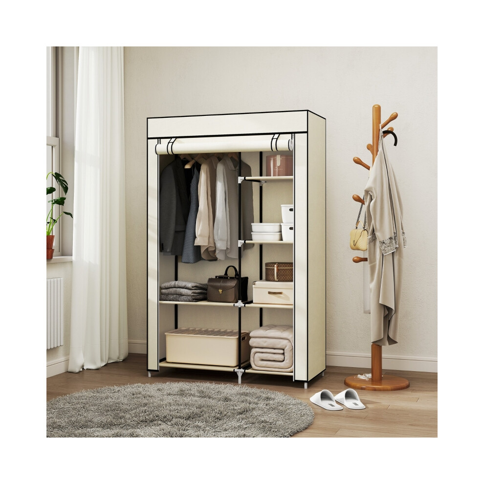 Storage Closet Fabric Wardrobe with 6 Shelves & Hanging Rail Foldable Design Cream White 103x43x162.5cm-image-OPC-PMYBKJT-NEW