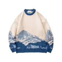 (Blue L) Warm In Style Hip Hop Streetwear Sweater With Japanese Snow Mountain